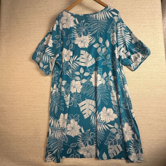 Ruby Rd. Woman 2X Blue/teal & White Tropical Floral Stretchy Pullover Midi Dress - Picture 10 of 11